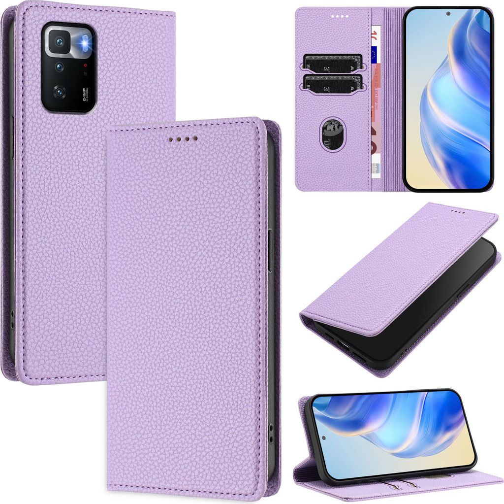 Litchi Leder Handyhülle für Xiaomi Poco X3 GT Wallet Kartenfächer Standfunktion Hülle Violett