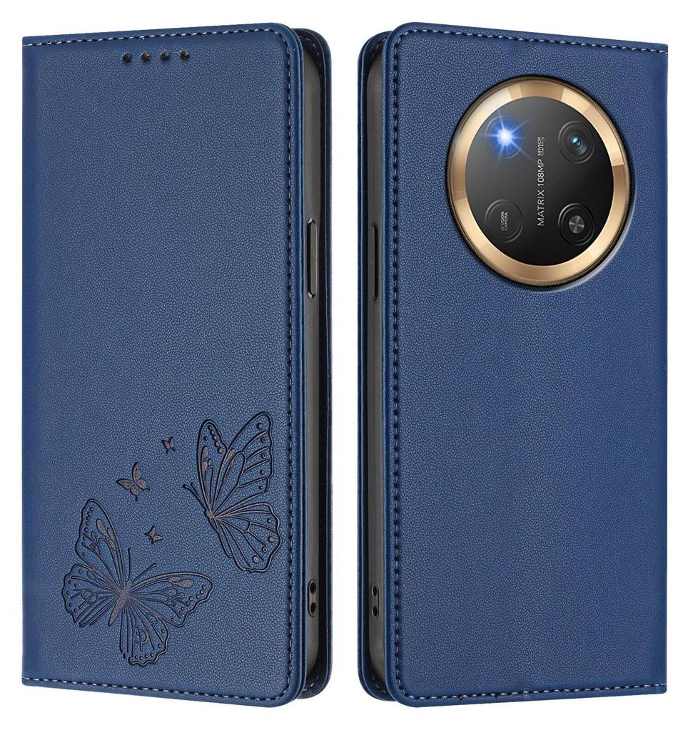 Lederhülle für Honor X9C/Magic7 Lite, Schmetterling Prägung Leder Brieftasche Schutzhülle mit Ständer Dunkelblau