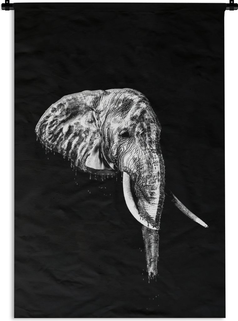 MuchoWow Wandteppich Wandbehang Illustration Elefant vor schwarzem Hintergrund - schwarz und weiß 60x90 cm Tapisserie Dekoration Wandtuch - Foto...