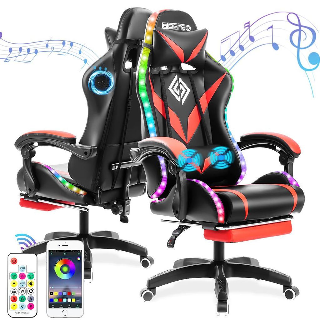 Hoffree Gaming Stuhl Ergonomisch mit 2-Punkt Massagefunktion Bluetooth Lautsprecher RGB Licht PC Bürostuhl, Rot Schwarz