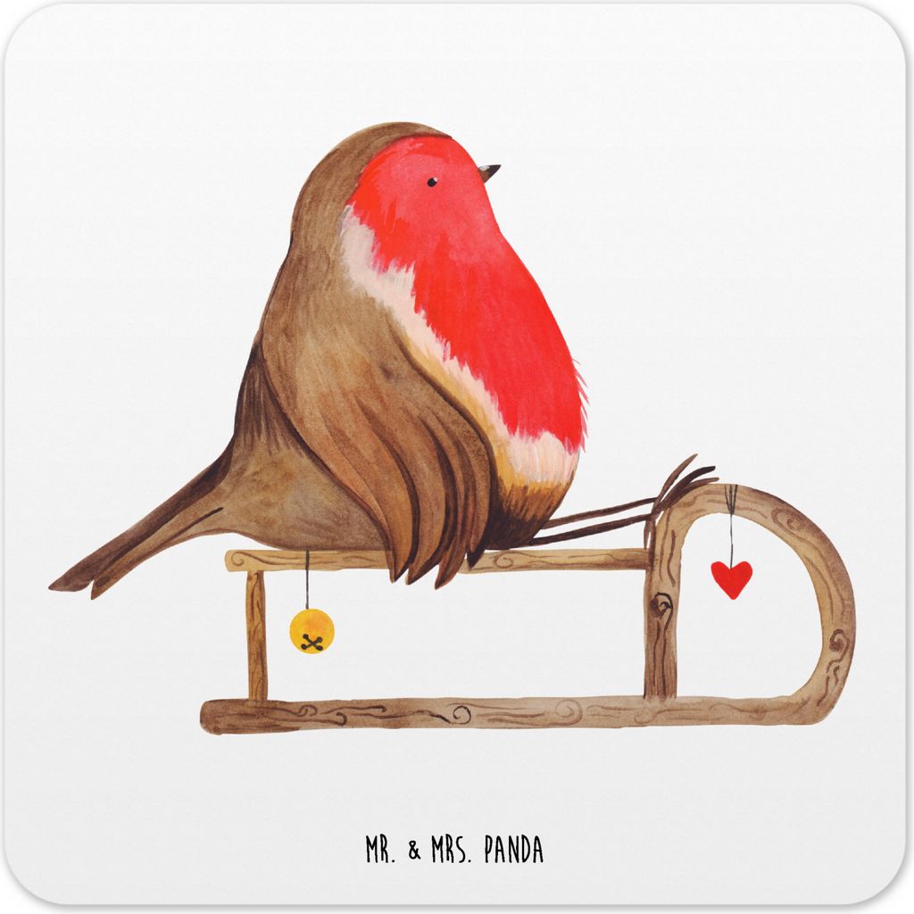Mr. & Mrs. Panda Tischuntersetzer Rotkehlchen Schlitten 10er Set - Weiß - Geschenk, Weihnachten, Untersetzer Gläser, Coaster, Tassenuntersetzer, ...