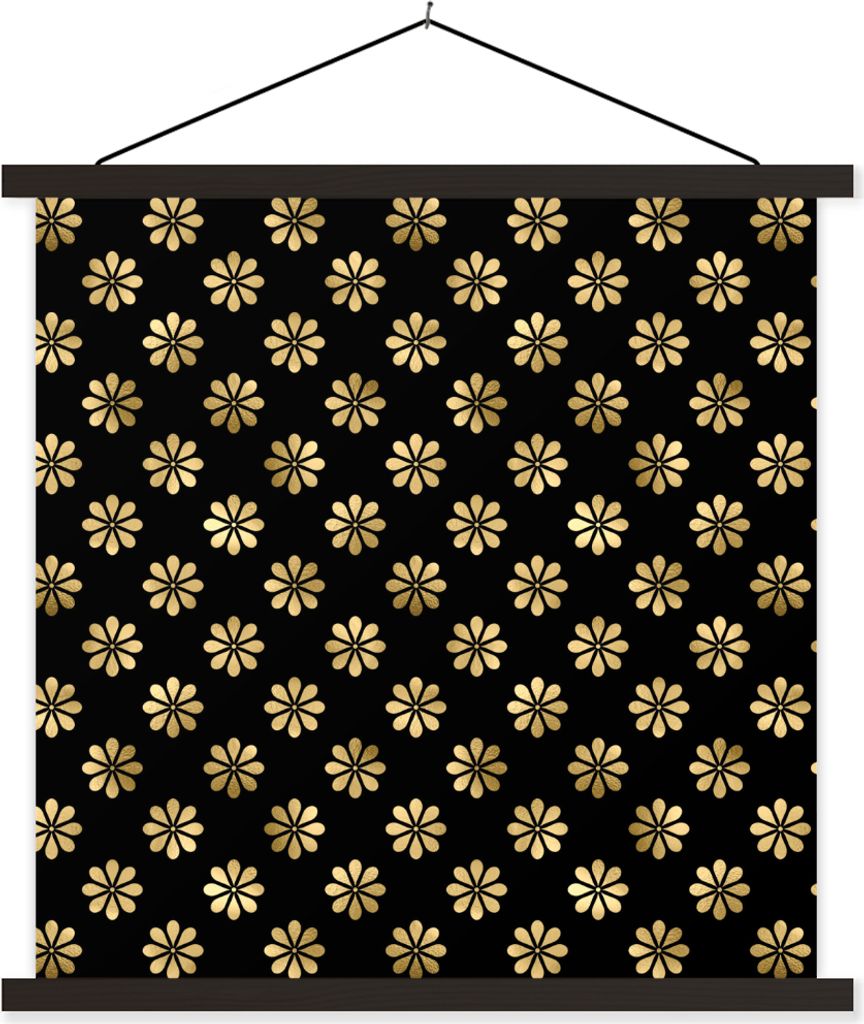 MuchoWow Textilposter Muster - Blumen - Gold 60x60 cm mit schwarzem Rahmen - Posteraufhänger