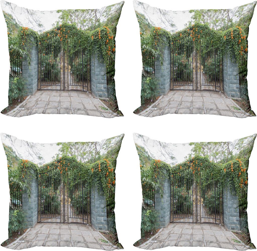 ABAKUHAUS Zaun Kissenbezug Set (4 Stück), Schmiede Floral Garden Gate, Moderner Doppelseitiger Digitaldruck, 40 cm x 40 cm, Mehrfarbig
