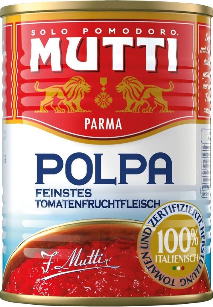 48x Mutti polpa di Pomodoro Tomatenpulpe Tomaten sauce 100% Italienisch 400g dose + Italian gourmet Polpa