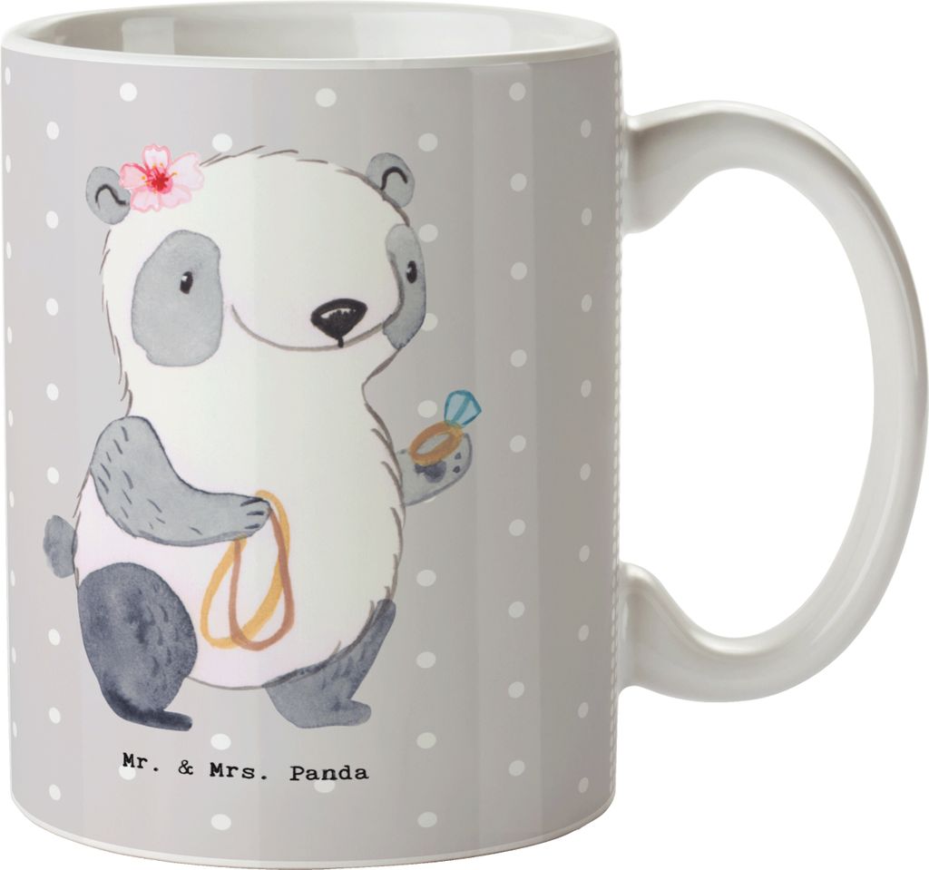 Mr. & Mrs. Panda Kaffeetasse Schmuckverkäuferin Herz - Grau Pastell - Geschenk, Ausbildung, Goldschmuck, Henkeltasse, Juwelier, Pott, Tasse, Shopp...