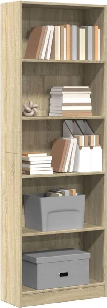 A tall, narrow bookshelf filled with books and storage boxes.