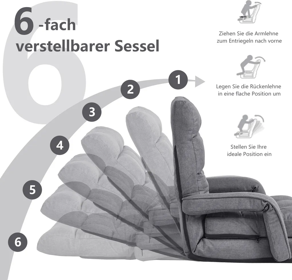 Canapé de sol pliable gris : solution gain de place et confort dos réglable