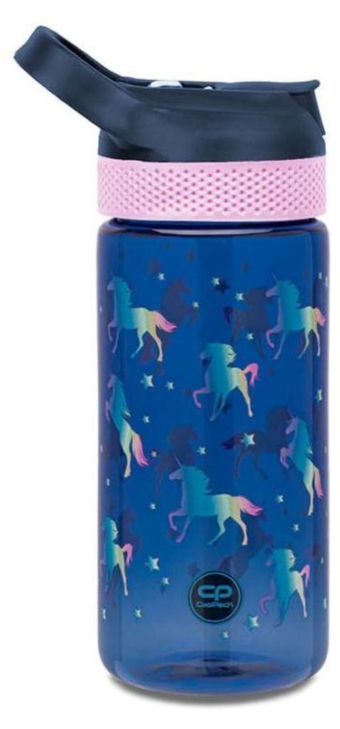A blue water bottle with a unicorn pattern and a pink rim.