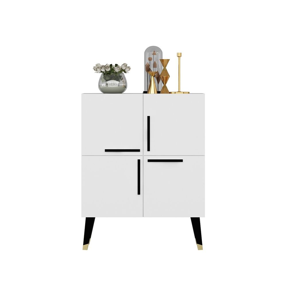 A white cabinet with decorative items on top, set against a white background.