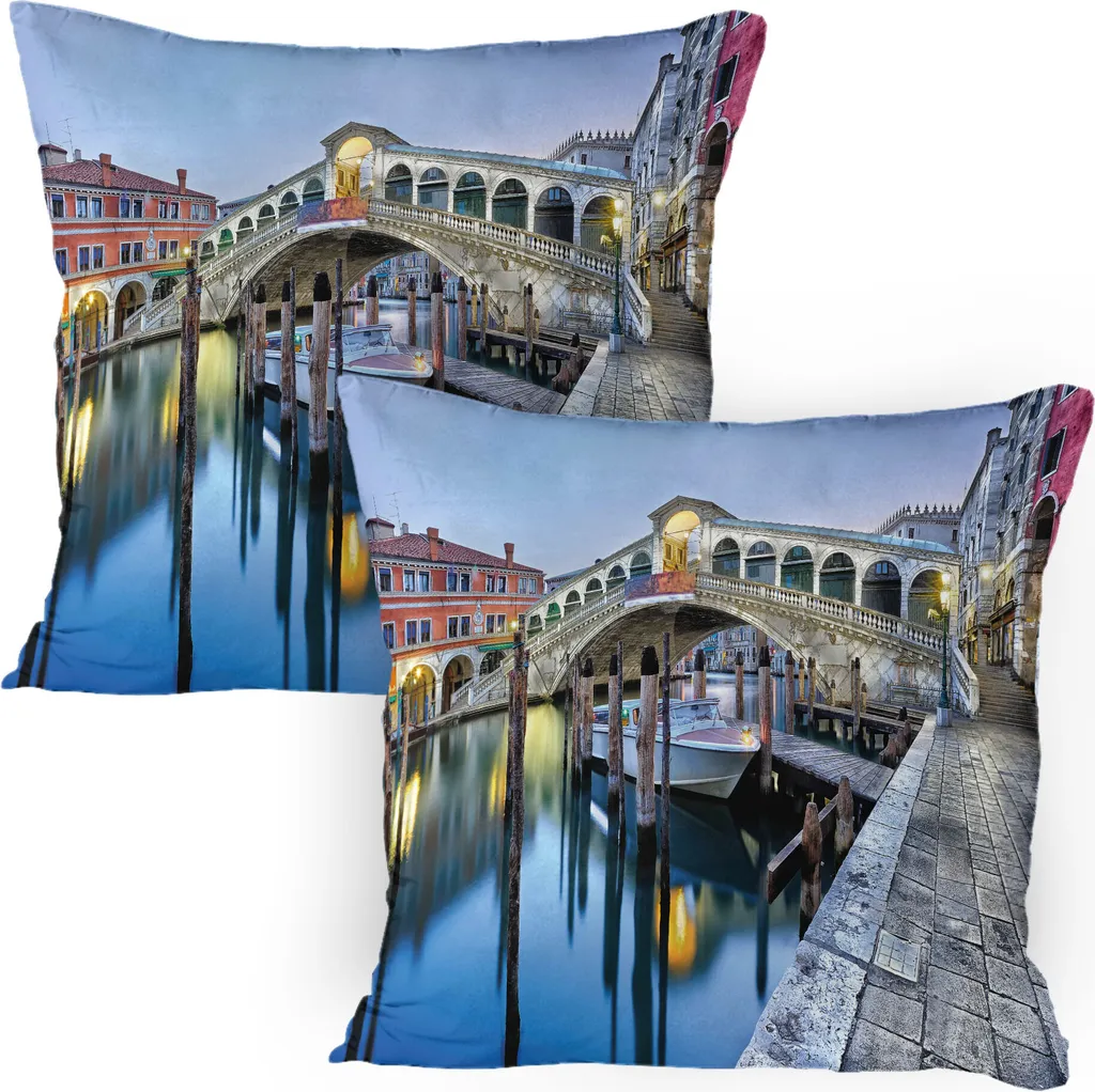 ABAKUHAUS Venezia Federa per cuscino Confezione da 2, Alba Crepuscolo Canal Grande Ponte di Rialto Riflesso sull'acqua Scenario urbano, Federa per cuscino decorativa stampata, 80x80 cm, Grigio Blu Cannella