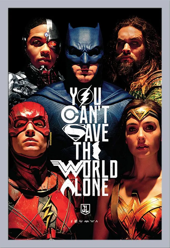 Justice League - Poster - Salva il mondo + cornice rimovibile, Shinsuke® Maxi MDF argento, disco acrilico