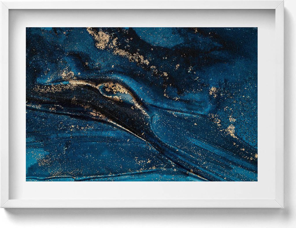 Flüssige Abstraktion mit Goldpartikeln– Wandbild mit Rahmen – Gerahmtes Bild – Wanddekoration – 70x50 cm – Schwarz Rahmen