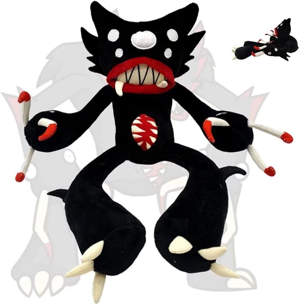 A black plush toy with sharp teeth and multiple eyes, presented against a faded grey outline of itself.