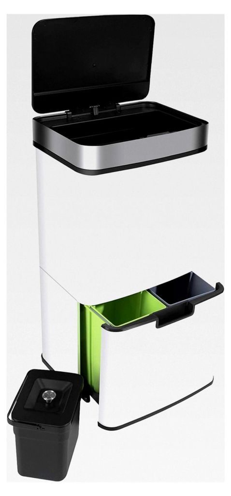 Edelstahl-Mülltrennsystem mit 3+1 Fächern - Mülleimer mit Sensor - 72 Liter (2x12 + 1x48 L) - Design Treteimer in Weiß