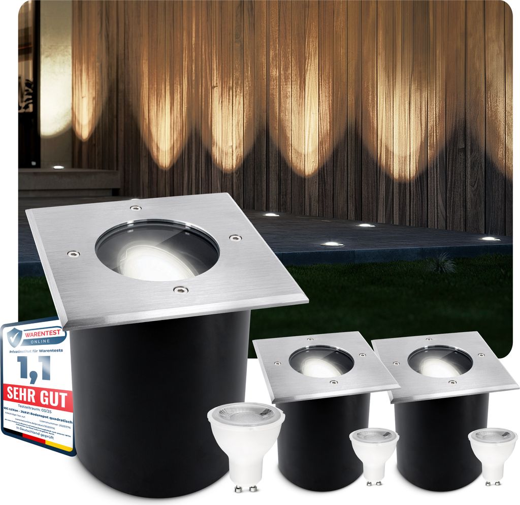 SSC-LUXon 3 Stück JUAVI Bodeneinbauleuchten Außen schwenkbar LED dimmbar GU10 230V neutralweiß 6,5W - Bodenspots quadratisch