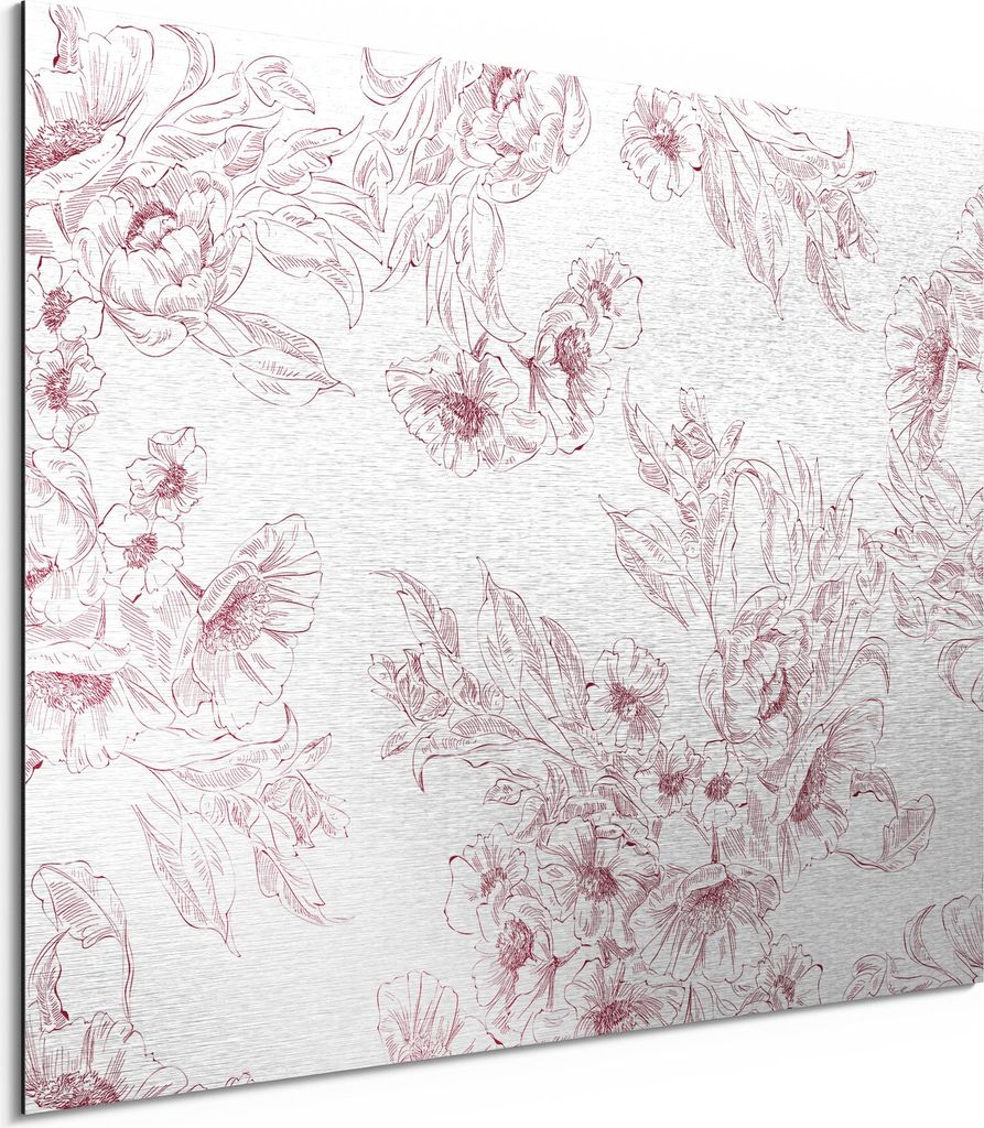 DEQORI Alu-Dibond Bild Silber 80x60 cm 'Florale Federzeichnung' Wandbild Metall dünn