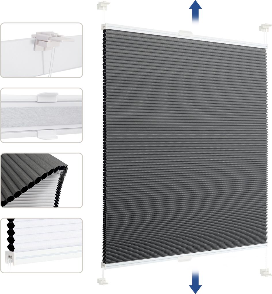 Sekey Wabenplissee ohne Bohren 65×130 cm Doppelplissee Grau-Weiß Plissee Klemmfix 100% Verdunklung & Sonnenschutz Faltrollo Klemmfix für Fenster...