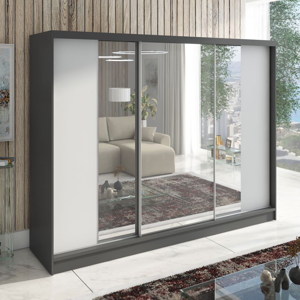 Schwebetürenschrank VIDA 3-türiger Kleiderschrank mit 3 Spiegeln, 3 Schubladen und Kleiderstangen – Funktionalität und Eleganz!