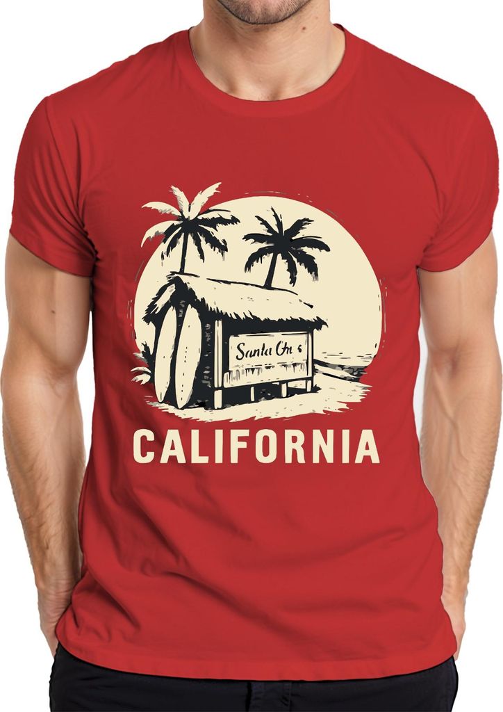 California Surfen Palmen Surfbretter Strandhütte Vintage Sommer Herren T-Shirt, Rot, S