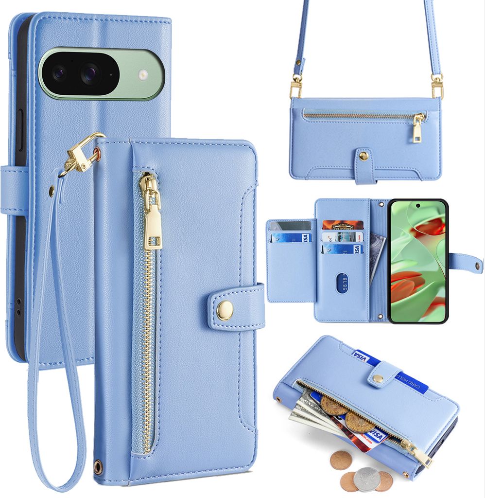 Handykette für Google Pixel 9 Pro – Kunstleder Umhängetasche mit Band in Hellblau
