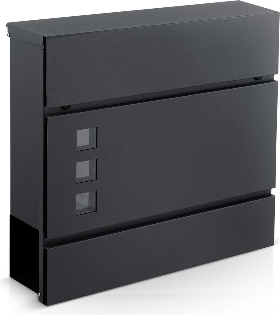 A dark gray mailbox is shown against a white background.