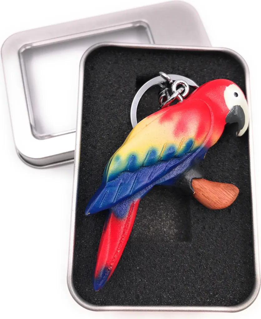Portachiavi in legno pappagallo uccello pappagallo allevamento ciondolo rosso in confezione regalo