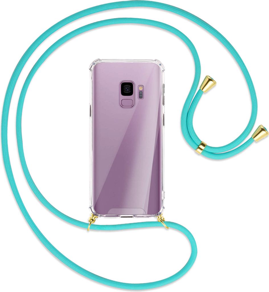 Handykette Backcover-Schutzhülle mit Band (Metall goldfarben) für Samsung Galaxy S9 - türkis
