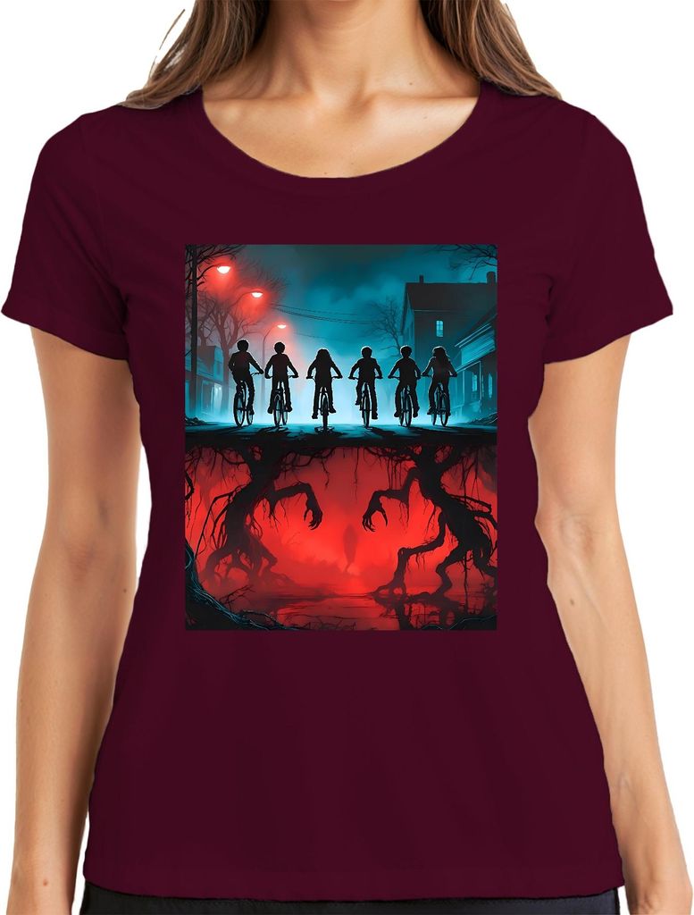 Upside Down Kinder Fahrräder Horror 80er Retro Mystery Hawkins Damen T-Shirt, Burgundy, 3XL