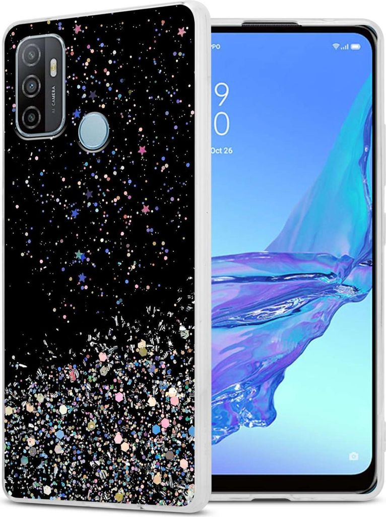 Cadorabo Hülle für Oppo A53 in Schwarz mit Glitter Schutzhülle aus flexiblem TPU Silikon mit funkelnden Glitter Case Cover Etui Handy Hülle