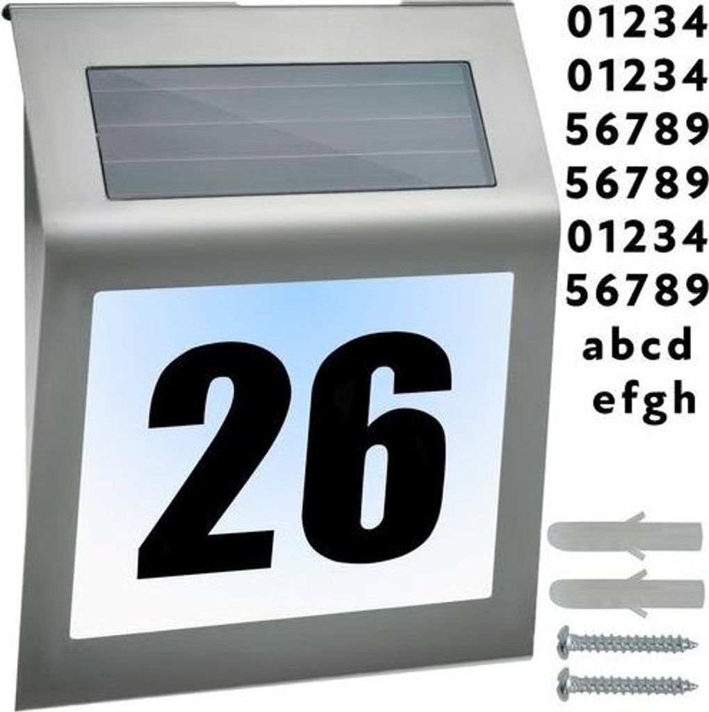 A solar-powered house number sign with the number 26 displayed prominently, along with mounting hardware and a set of customizable numbers and letters.