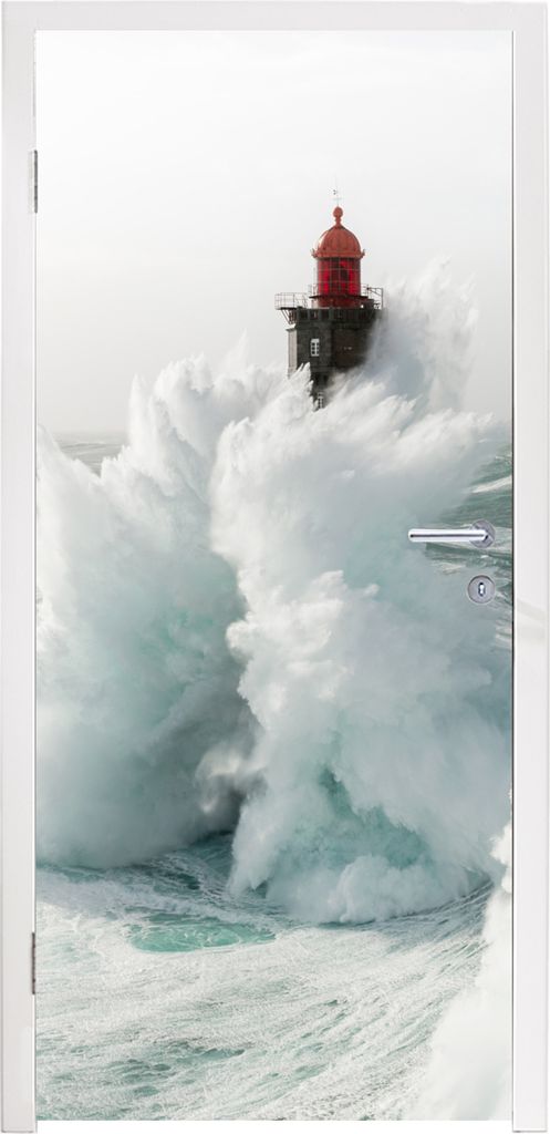 MuchoWow Türtapete Selbstklebende Türfolie Der französische Leuchtturm von La Jument im Sturm 85x215 cm Türposter Türaufkleber Klebefolie T...