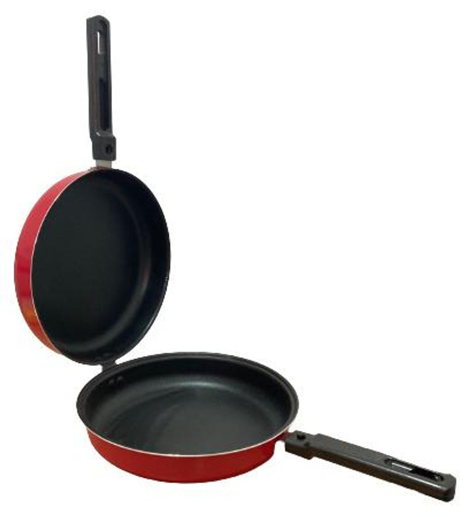 A red double pan with black handles is shown open against a white background.