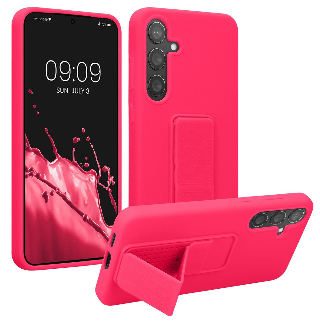 kwmobile Handyhülle für Samsung Galaxy S24 Plus Hülle - TPU Silikon Case mit Fingerhalter und Stand - Schutzhülle Cover in Neon Pink