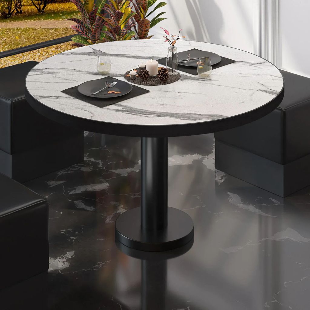 BML | Bistro Loungetisch | Ø:H 80 x 38,5 cm | Weiß Marmor / Schwarz | Bistro Loungetisch Gastro Tisch