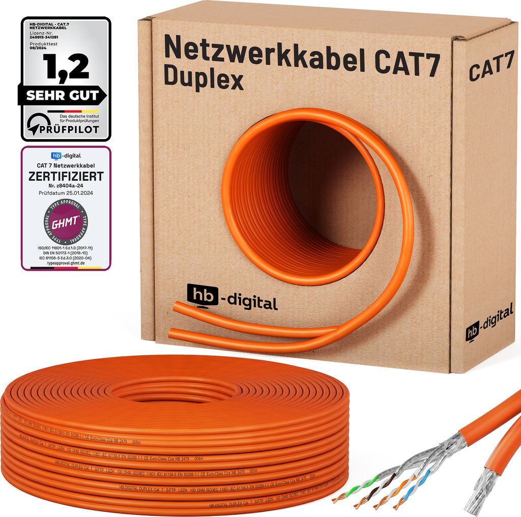 hb-digital Verlegekabel CAT7 Installationskabel Duplex 50m S/FTP AWG23 LSZH orange