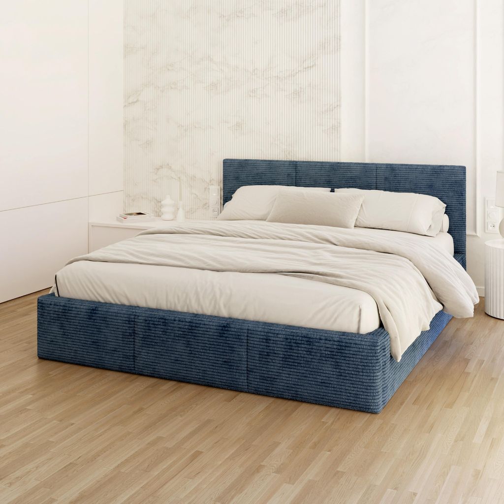 FDM Bett Fresia Cord 90x200 cm Polsterbett mit Lattenrost aus Metall Bettkasten Stauraumbett Samt blau