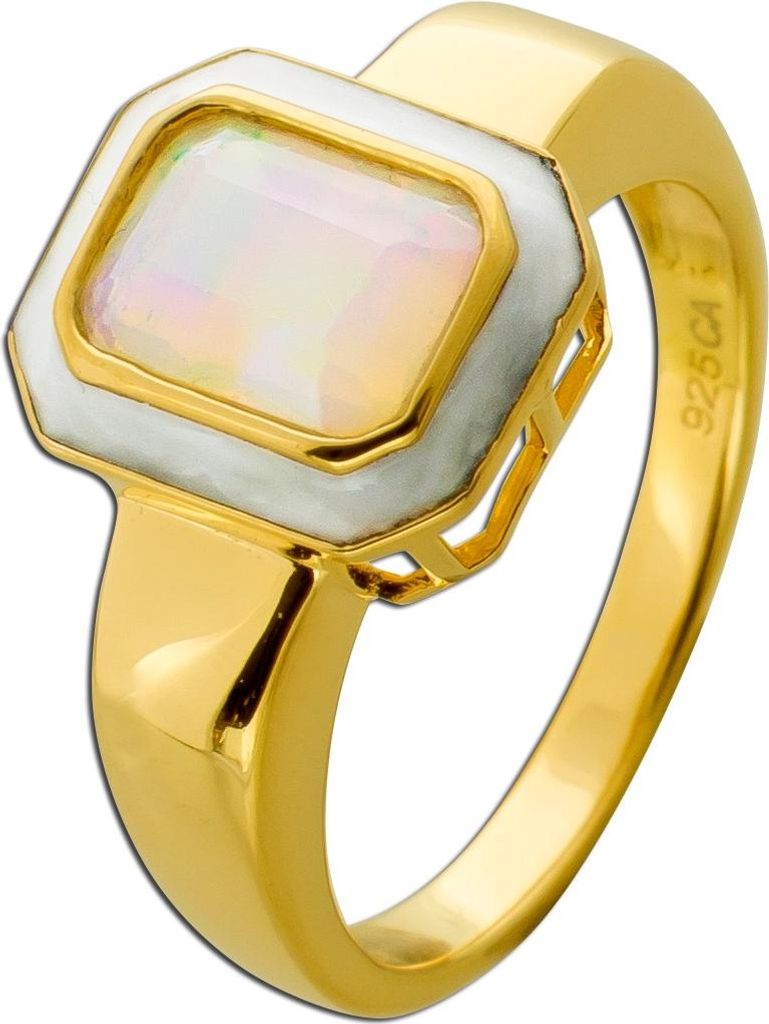 Opal Ring Silber vergoldet nat. äthiopischer Opal 1ct weiße Emaille 19