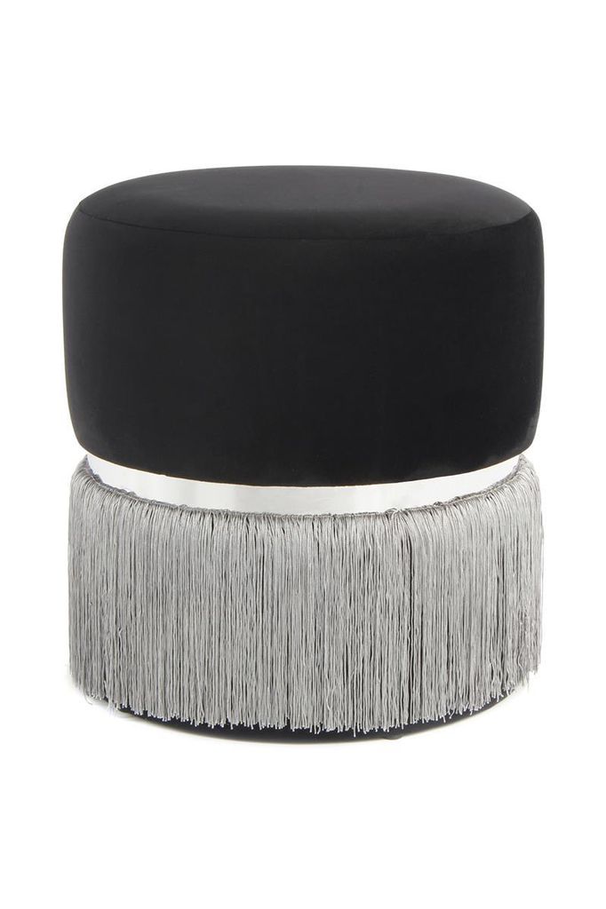 QIYANO Pouf Cody Groß Anthrazit - Samt, Fransen-Nachbildung, Design, Lounge, Hocker