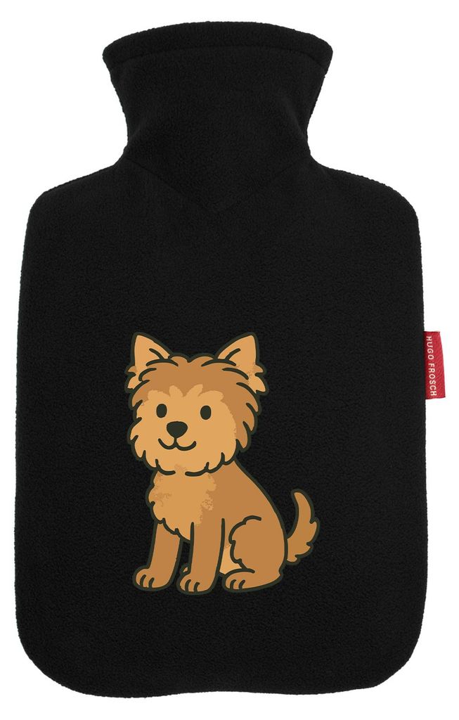 Huuraa Wärmflasche Yorkipoo Comic Yorkiepoo 1,8 Liter Black Classic Veloursbezug Bettflasche Geschenkidee