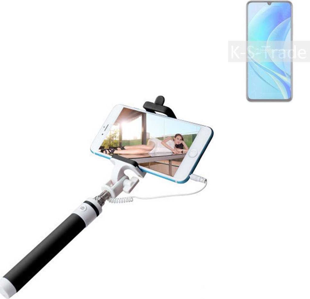 K-S-Trade Selfie Stick kompatibel mit Huawei nova Y70 Selfiestick kabelgebunden Monopod mit Kabel Stab Stange Selfportrait Handheldstick schwarz 1x