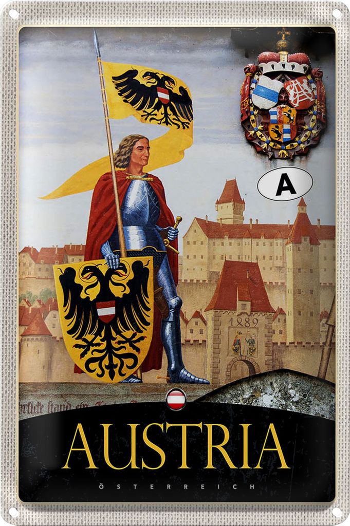 Blechschild Reise 20x30cm Österreich Ritter Burg 1889 Wappen