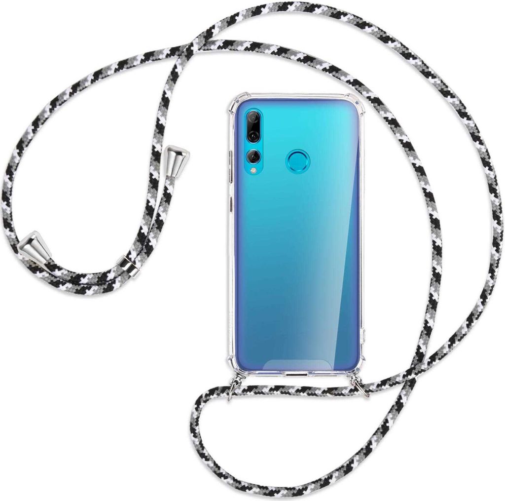 Handykette Backcover-Schutzhülle mit Band (Metall silberfarben) für Huawei P Smart Plus 2019 - schwarz/grau/weiß