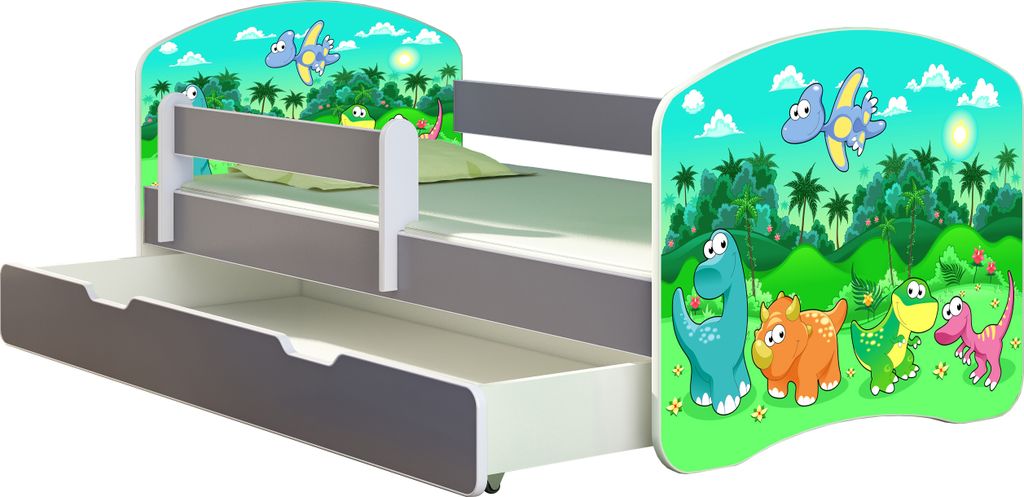 ACMA Jugendbett Kinderbett Junior-Bett Komplett-Set mit Matratze Lattenrost und Rausfallschutz Grau 30 Dino 180x80 + Bettkasten