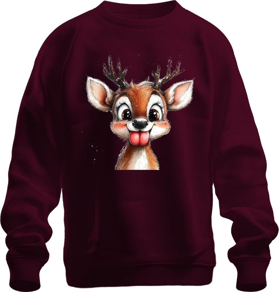 Rentier Frech Zunge raus Niedlich Weihnachten Kinder Retro Uni Sweatshirt Pullover, Burgundy, L
