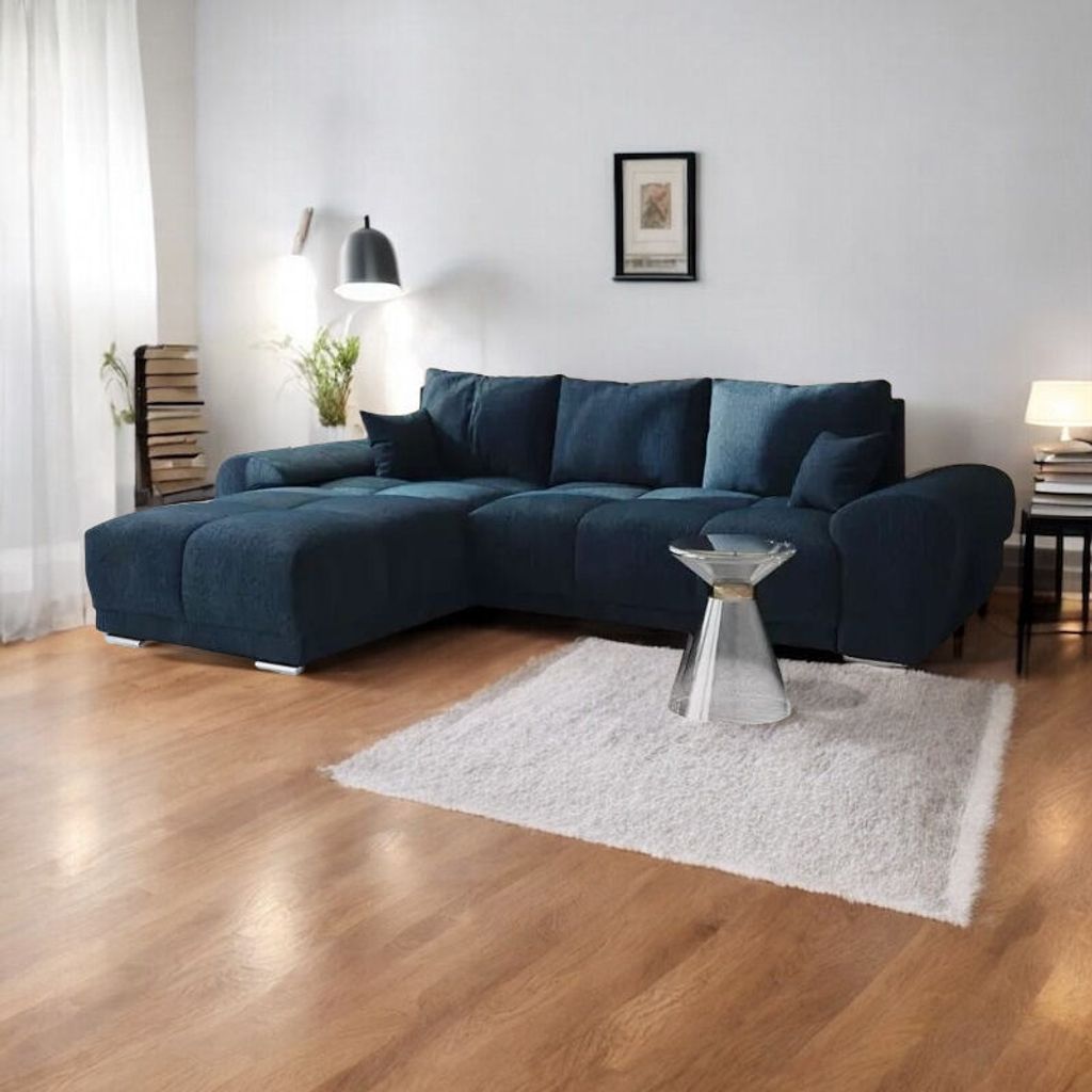 Design Ecksofa SYDNEY L-form mit Samtbezug Monolith 77 Dunkelblau Ecksofa mit Schlaffunktion und und Bettkasten Erweiterungssystems DL