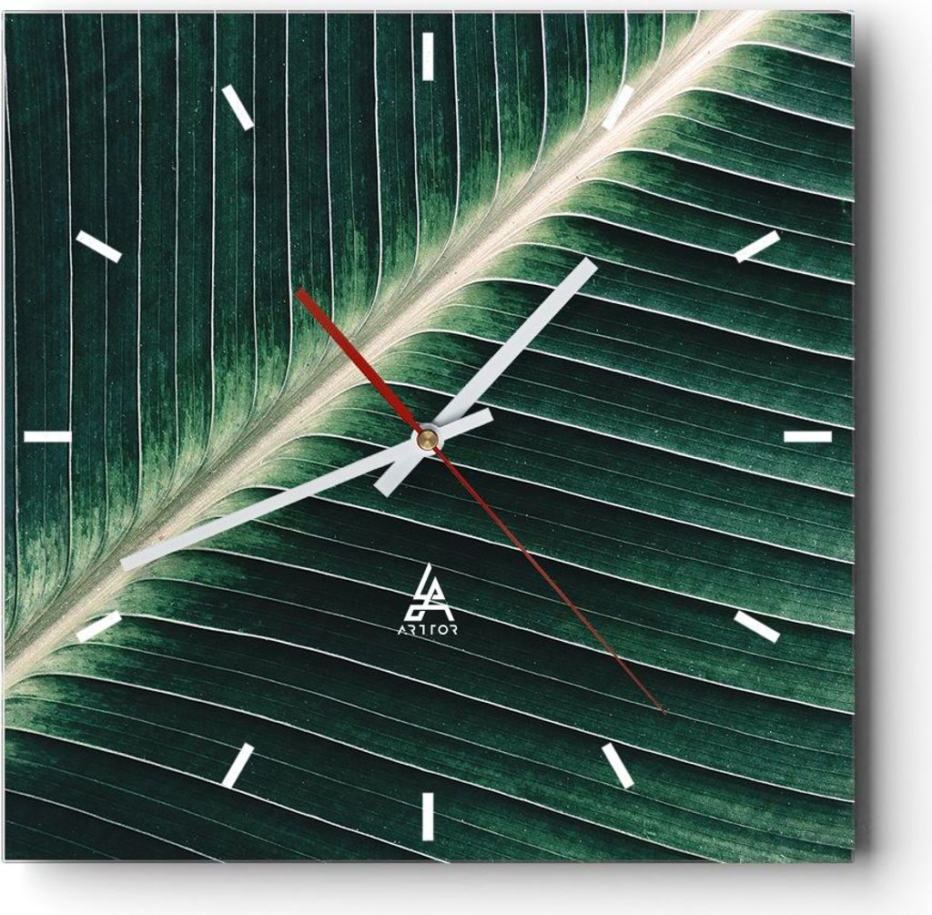 Wanduhr - Quadrat - Glasuhr - Grün Blatt Tropisch - 40x40cm - Schleichendes Uhrwerk - Lautlos - zum Aufhängen bereit - Dekoration Modern - Wandde...