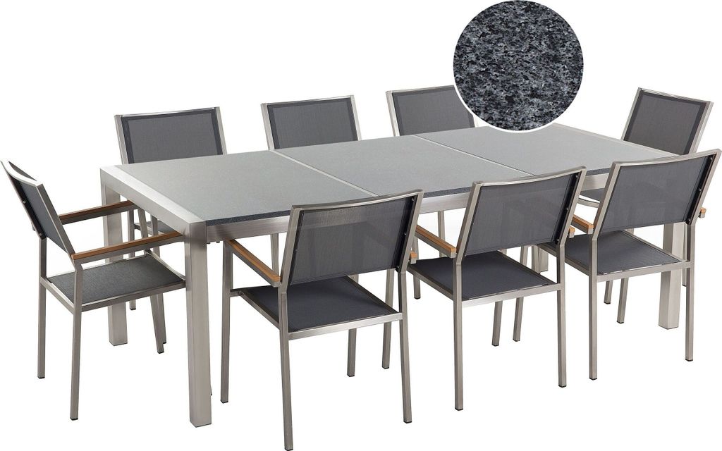 BELIANI Gartenmöbel Set Grau Granit Edelstahl Tisch 220 cm Poliert 8 Stühle Terrasse Outdoor Modern