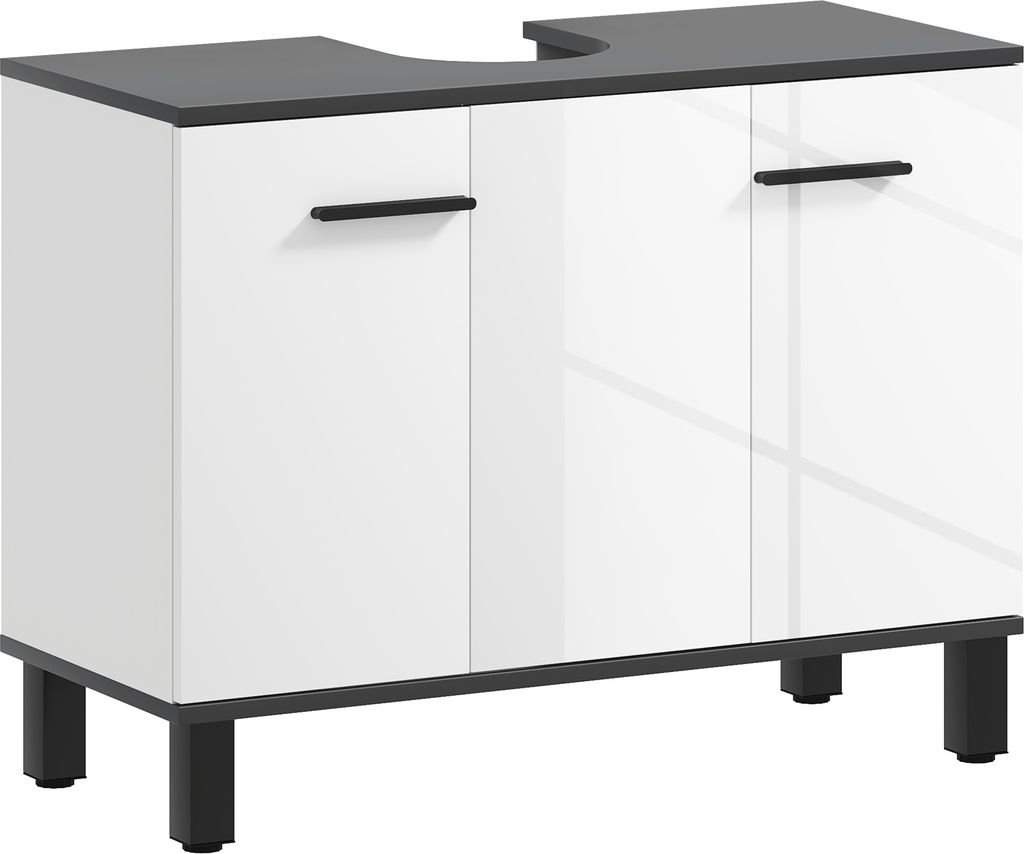 HOMCOM Badezimmer-Waschtisch mit 2 Türen und verstellbarem Regal, Badezimmer-Waschtisch mit Griff und rutschfesten Füßen, 80 x 34 x 60 cm, Weiß
