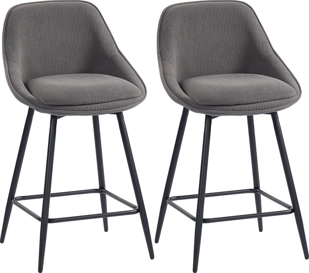 2er-Set Barhocker mit Cordbezug und Stahlbeinen, Graue Polsterstühle für Kücheninsel und Esszimmer, Komfortable Hocker