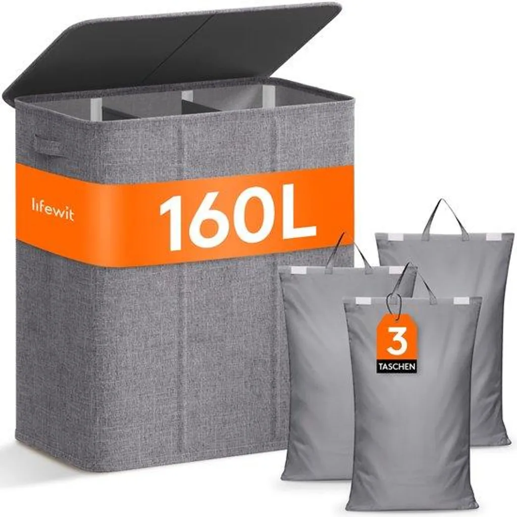Grand coffre à linge triple compartiment 160 L gris pour tri sélectif chic